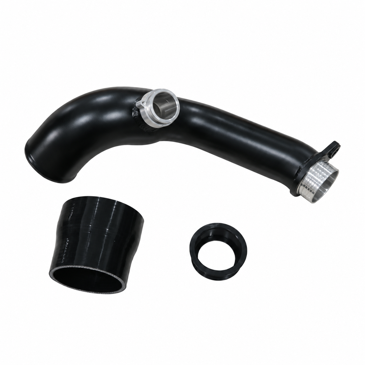 BMW N55 aluminum turbo inlet pipe with PCV connection silicone coupler and sealing ring detail