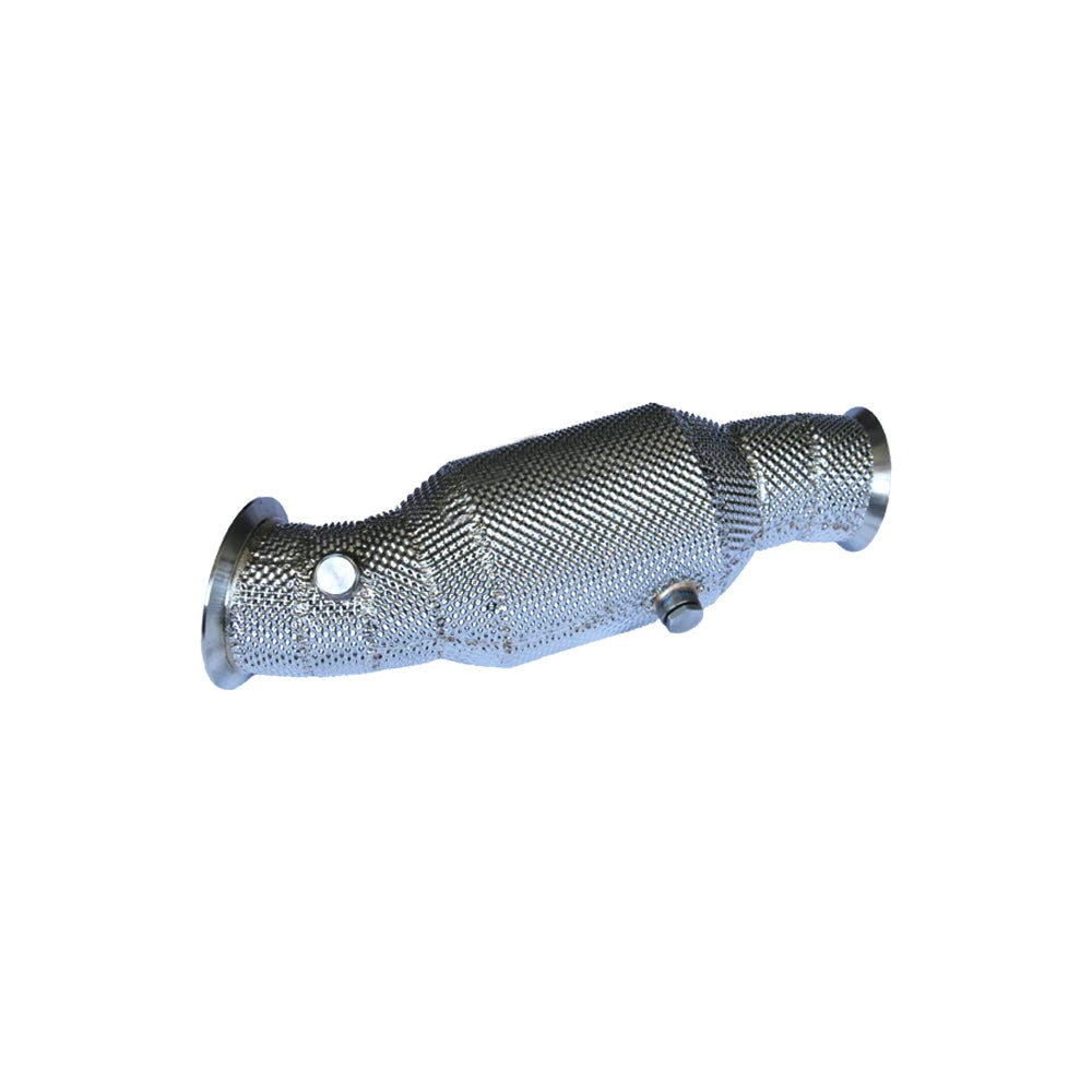 BMW N55 EWG 200 cell catted downpipe with heat shield side view