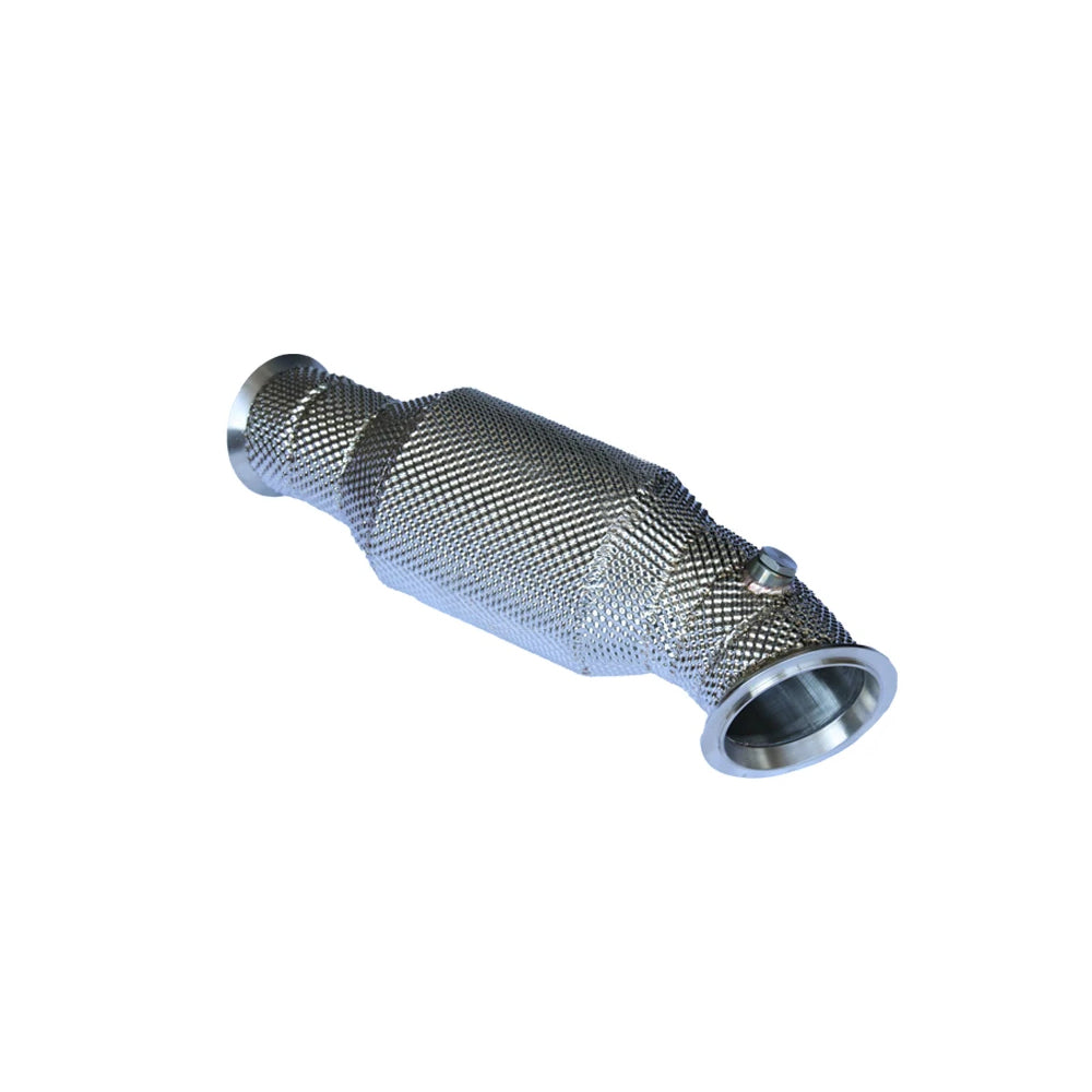 BMW N55 EWG catted downpipe with heat shield full length angle view