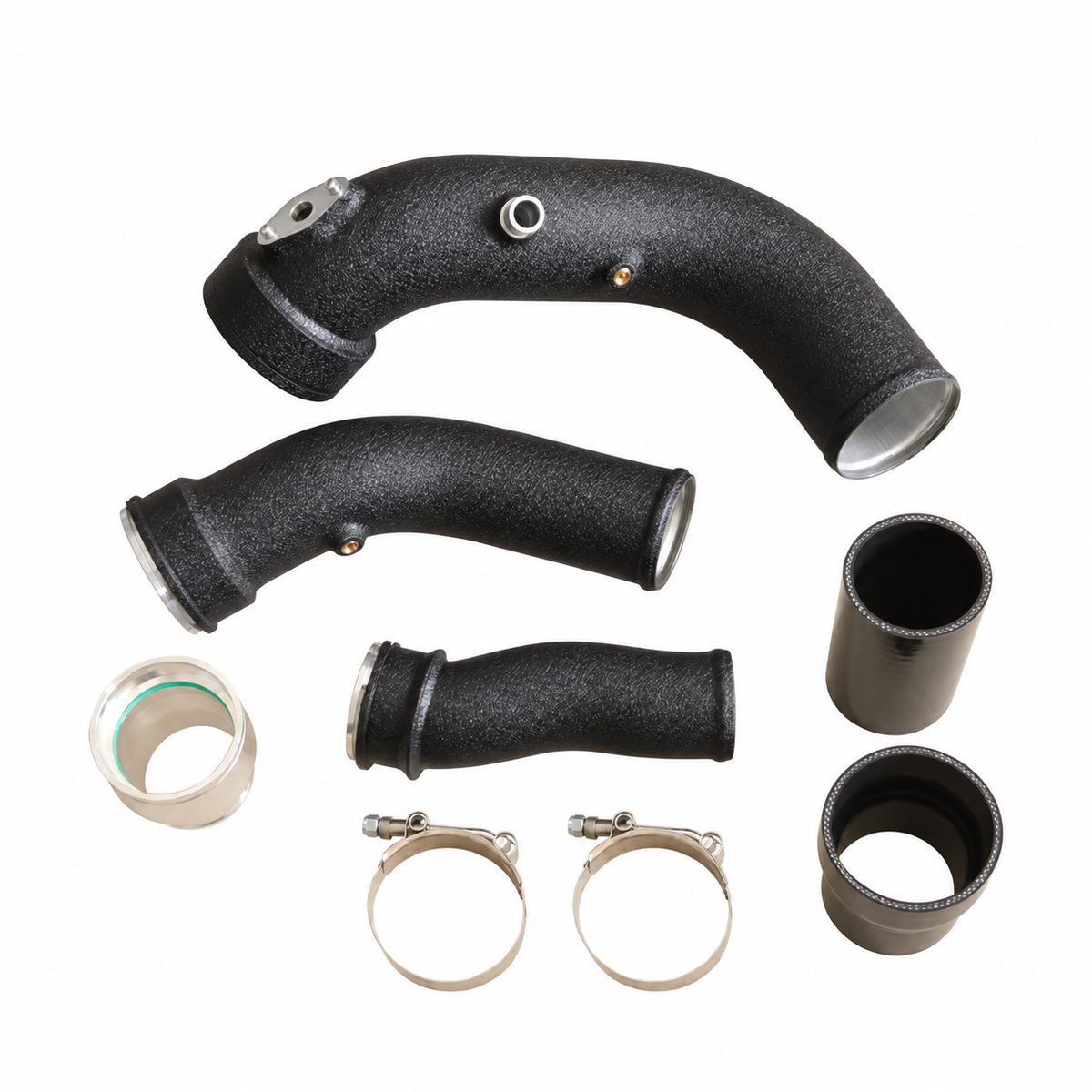 High-flow BMW N55 boost and charge pipe complete kit with black aluminum pipes and installation hardware