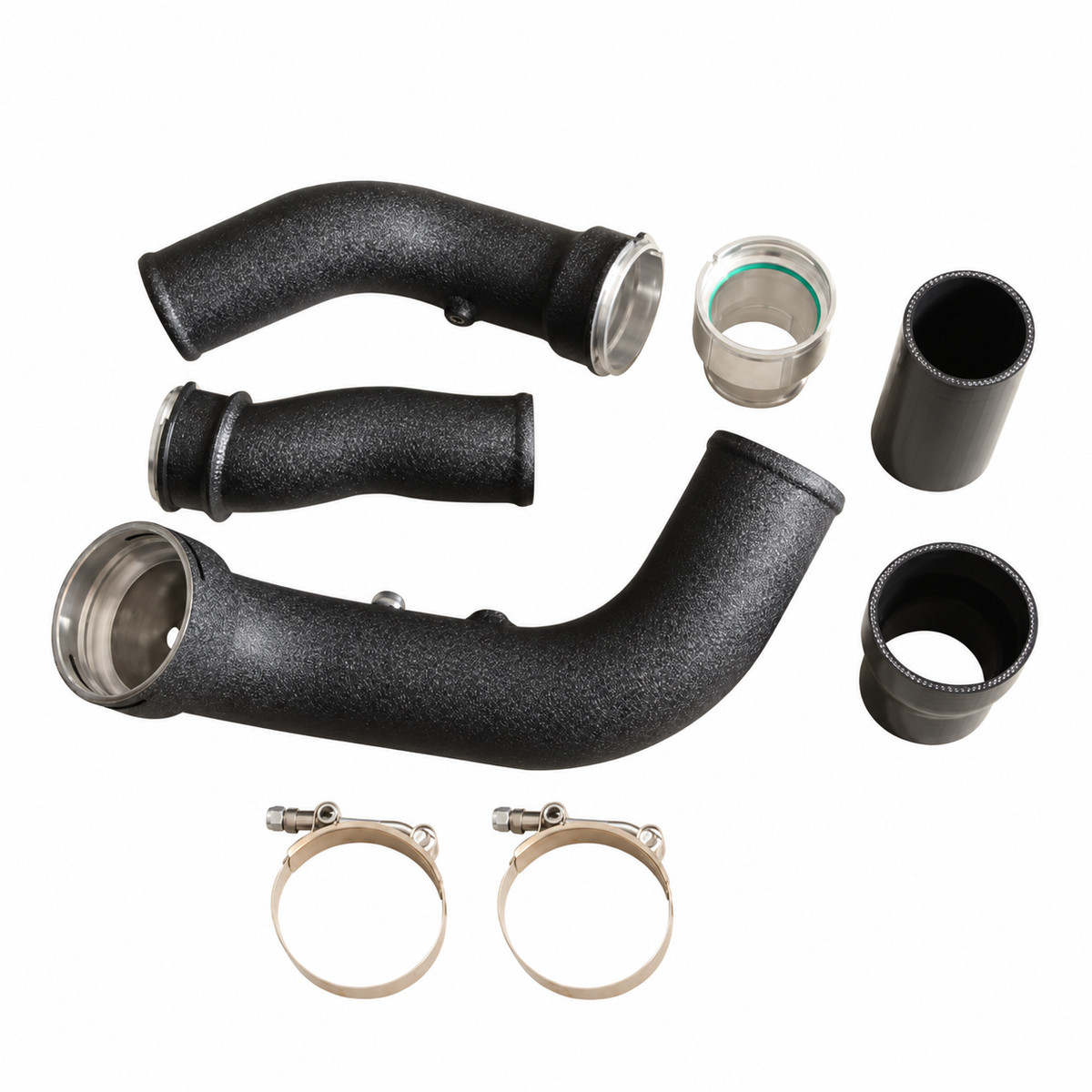BMW N55 performance charge pipe and boost pipe kit detail with couplers clamps and sealing connections