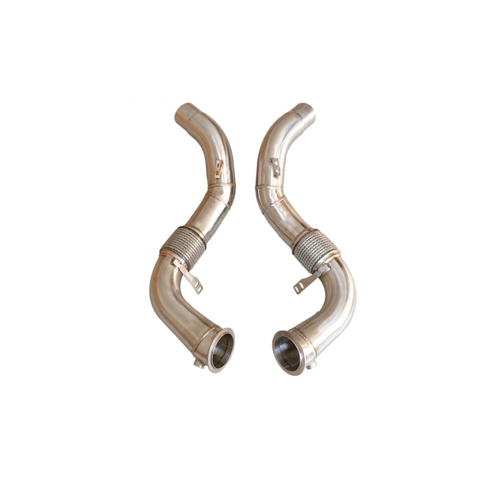 BMW N63 catless downpipe pair turbo inlet angle view