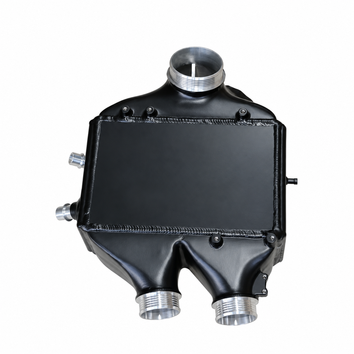 BMW S55 performance intercooler rear view with dual charge air outlets and coolant ports