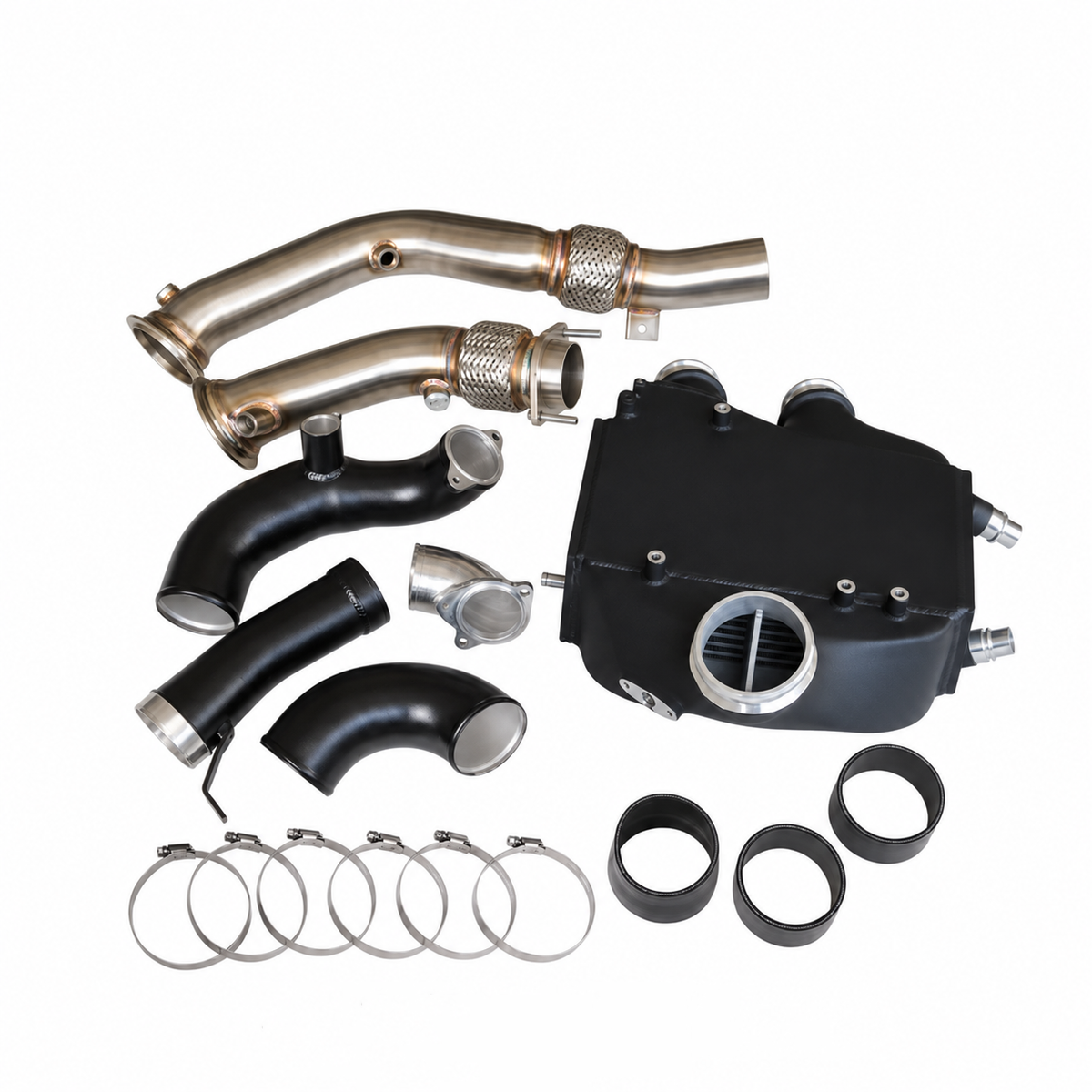 BMW S55 performance package with upgraded intercooler high-flow inlet pipes catless downpipes and installation hardware