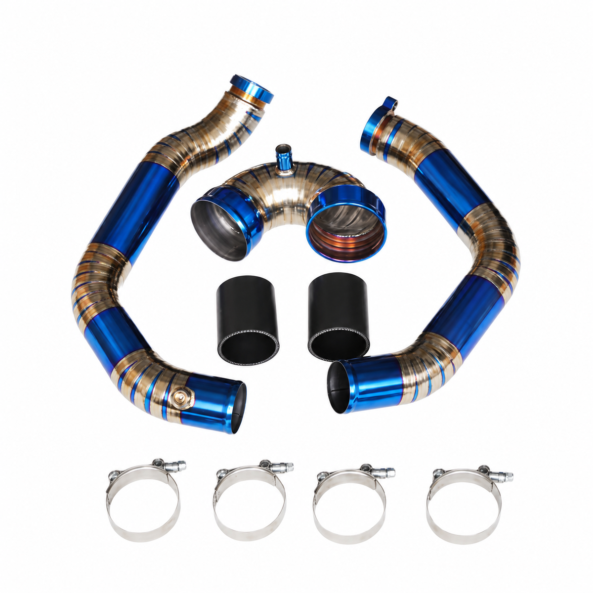 Complete blue titanium charge pipe kit for BMW S55 3.0L twin-turbo with couplers and mounting clamps