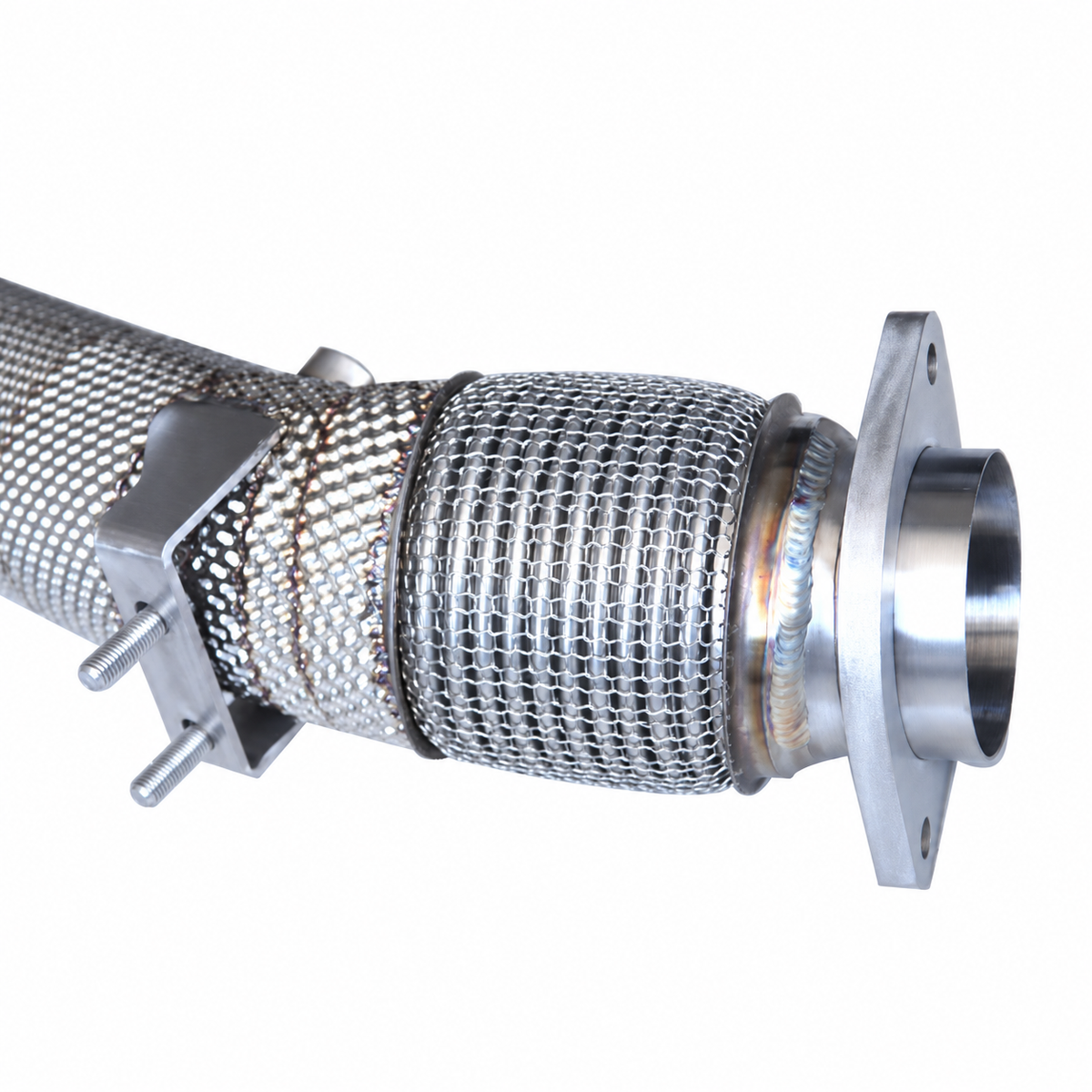 BMW S58 catless downpipe flex section mounting bracket and flange detail