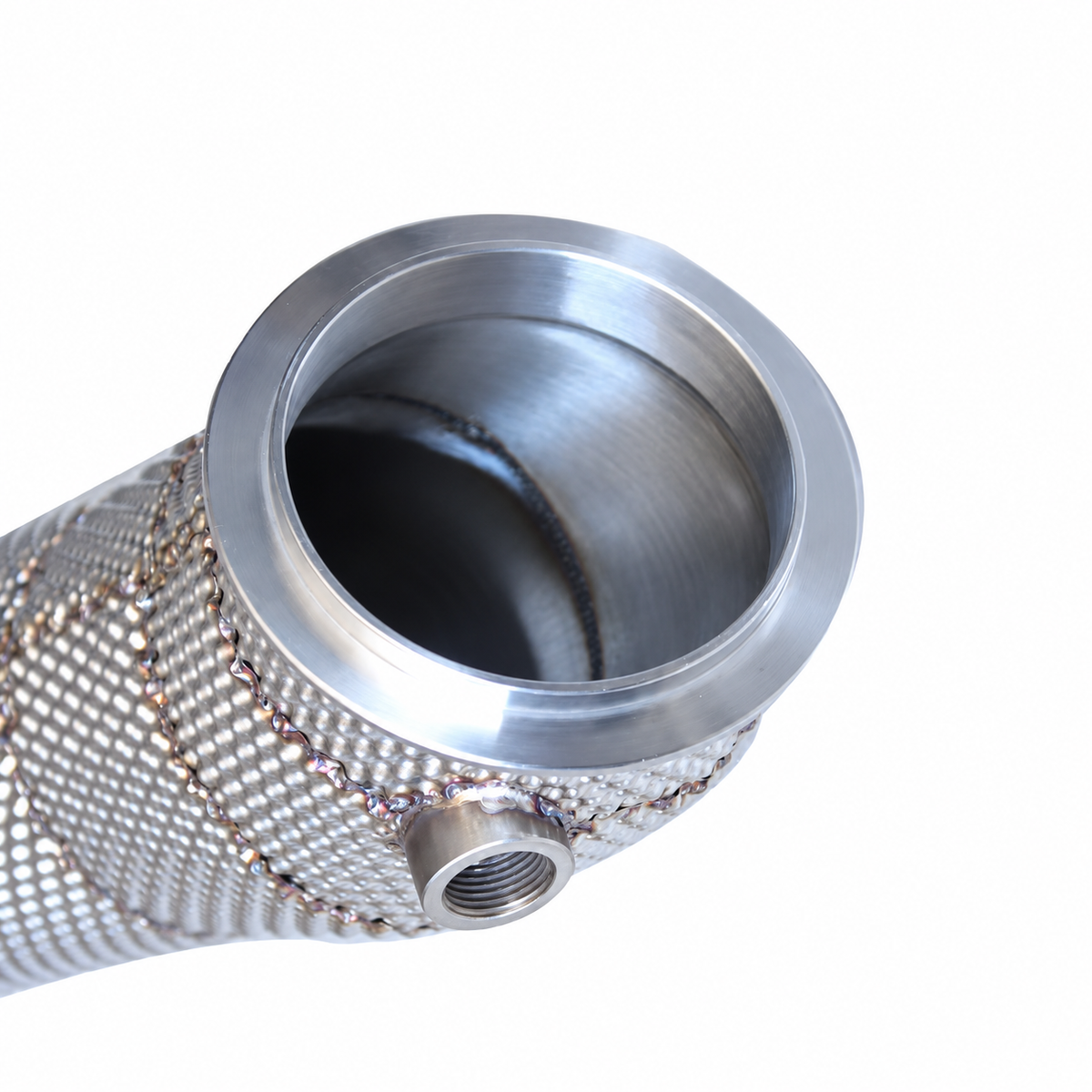 BMW S58 catless downpipe turbo flange and oxygen sensor port detail