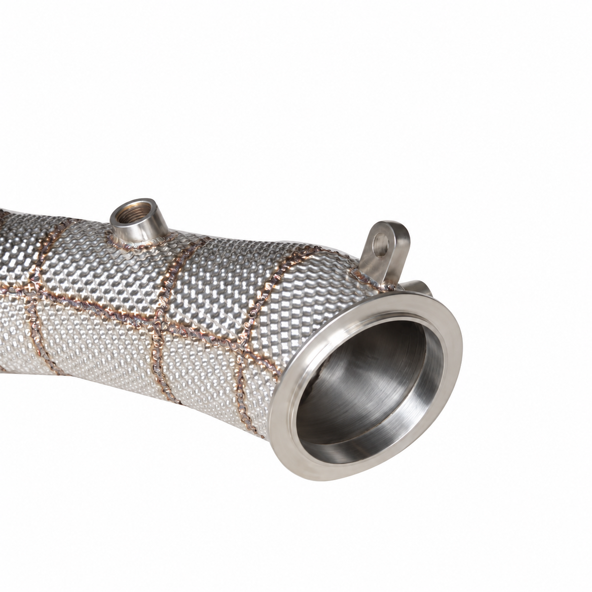 BMW S63 catless downpipe turbo flange sensor port and heat shield detail