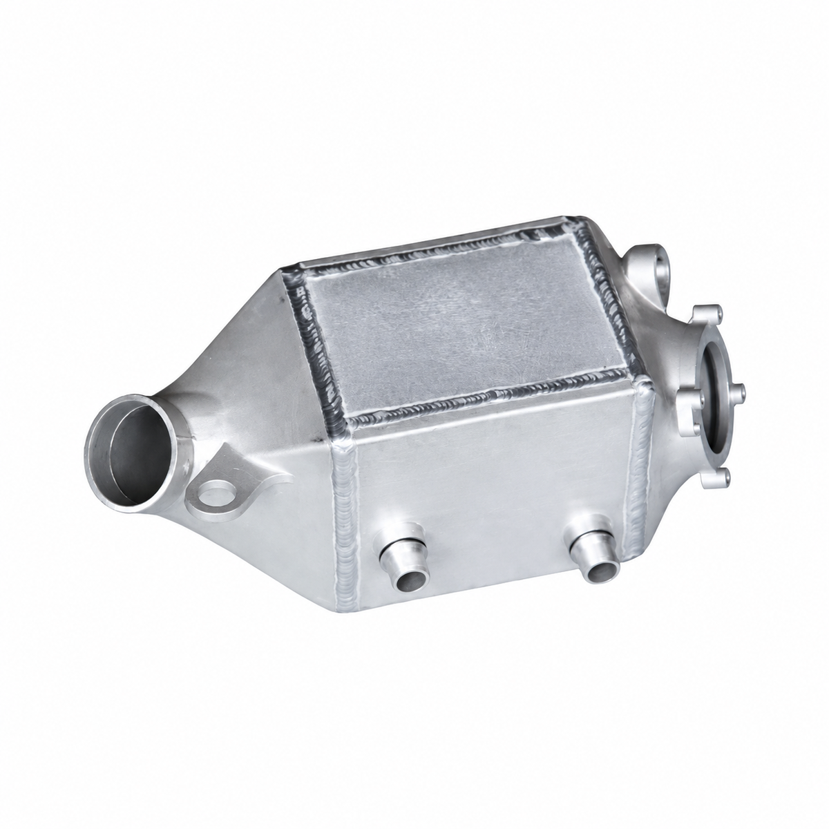 BMW S63 performance charge air cooler aluminum end tank and coolant connection detail