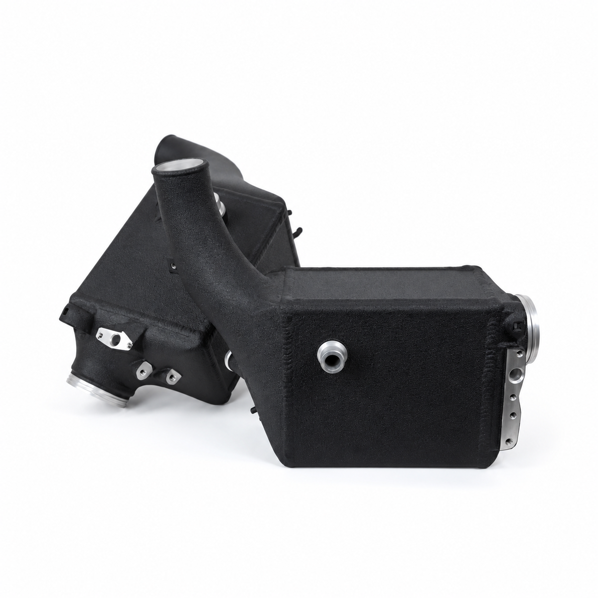 BMW S63 performance charge air cooler side view with black aluminum housing and coolant connection