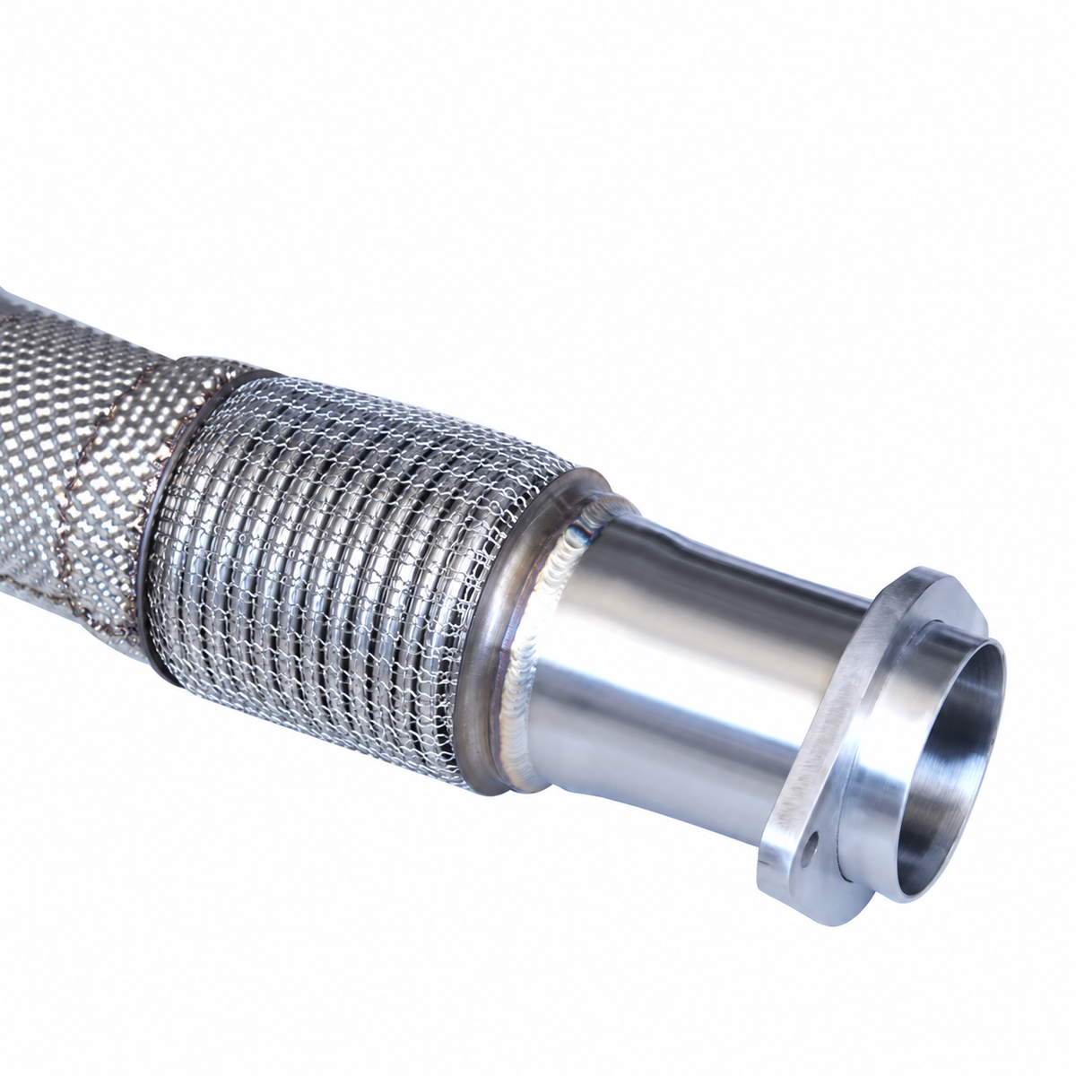 BMW X3M X4M S58 catless downpipe flex section and exhaust outlet detail
