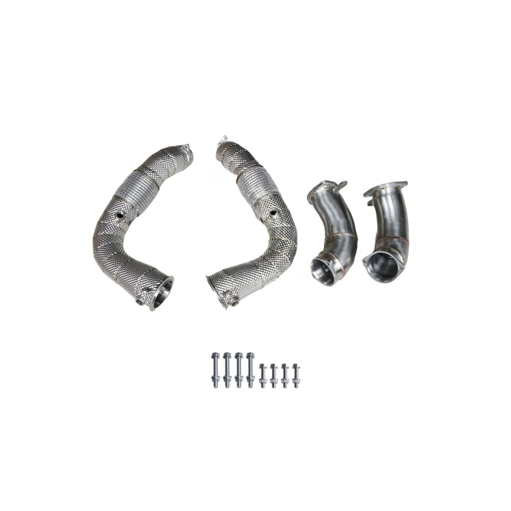 Complete BMW X5M F95 X6M F96 S68 catless downpipe kit with secondary pipes and mounting hardware
