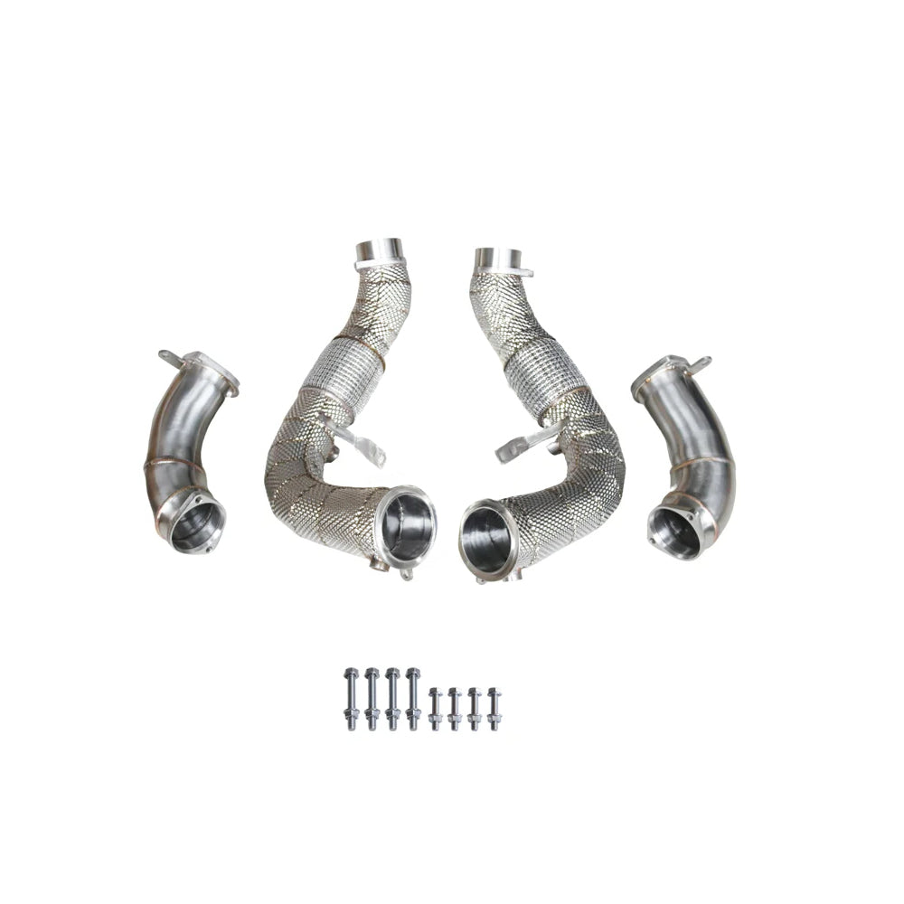 BMW X5M F95 X6M F96 S68 catless downpipes with heat shields secondary pipes and installation hardware