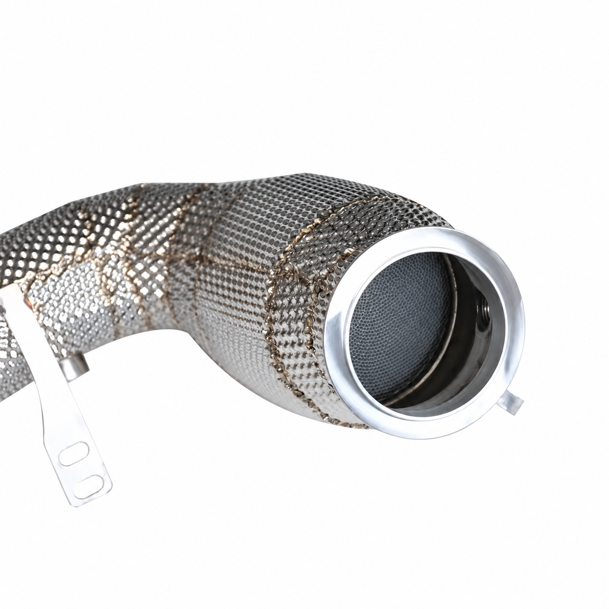 BMW X5M X6M 200 cell catted downpipe high-flow catalytic converter and heat shield detail