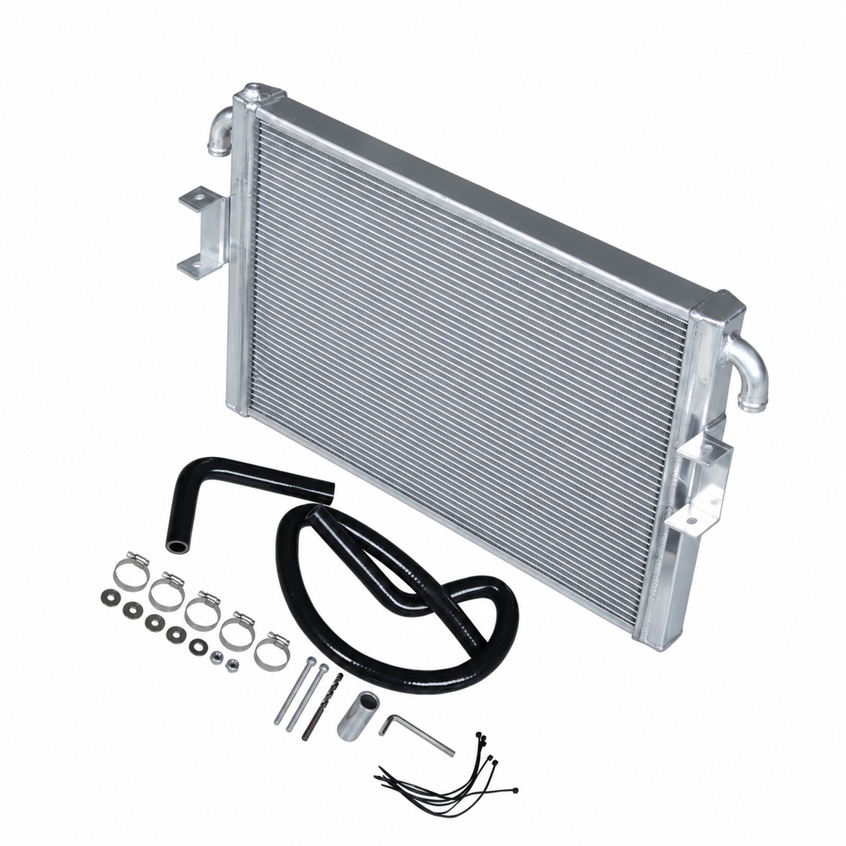 Mercedes-AMG A35 CLA35 GLB35 silver aluminum performance radiator with hoses and installation hardware