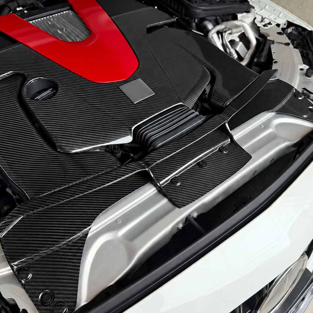 Mercedes-AMG C43 W205 GLC43 X253 M276 carbon fiber cold air intake system installed in the engine bay