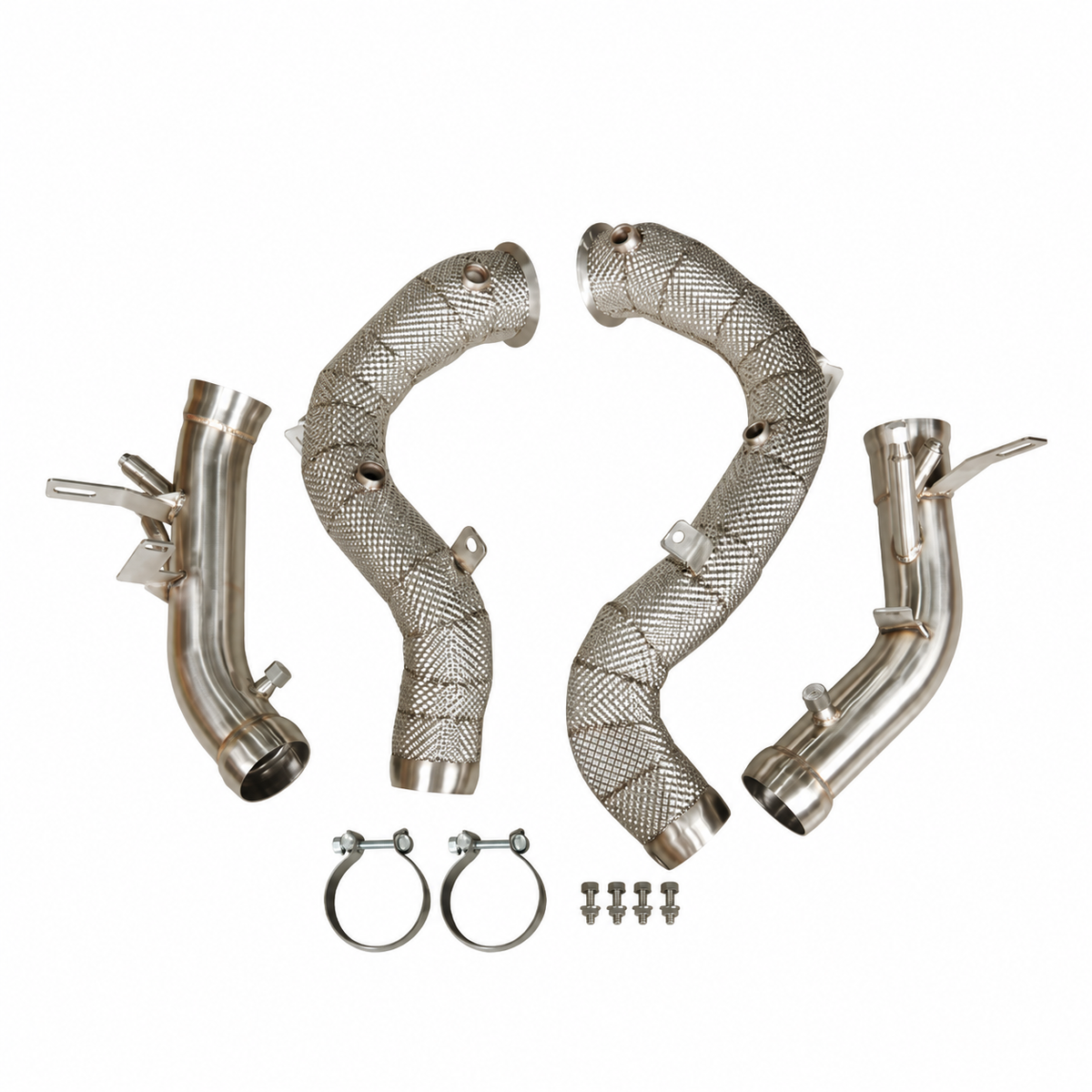 Mercedes-AMG E63 E63 S W213 M177 catless downpipes with heat shields secondary pipes and installation hardware