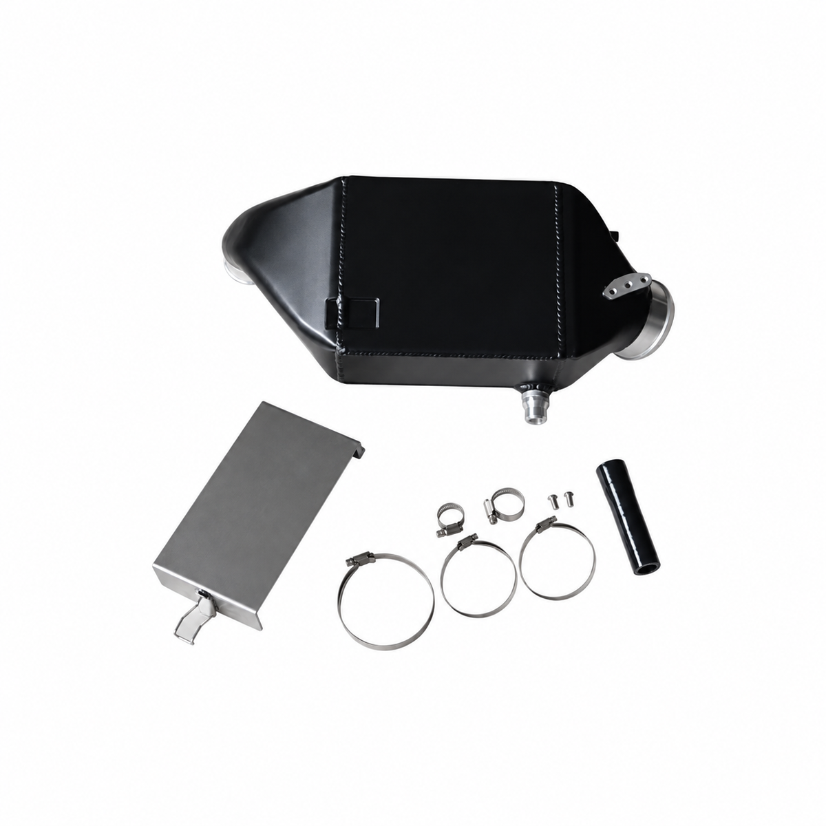 Mercedes-AMG M133 performance charge air cooler complete kit angled view with installation components