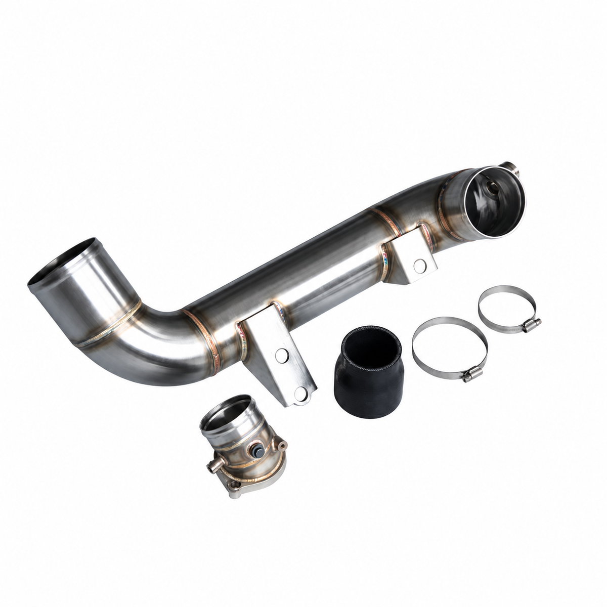 Mercedes-AMG M139 stainless steel charge pipe with silicone coupler clamps and adapter