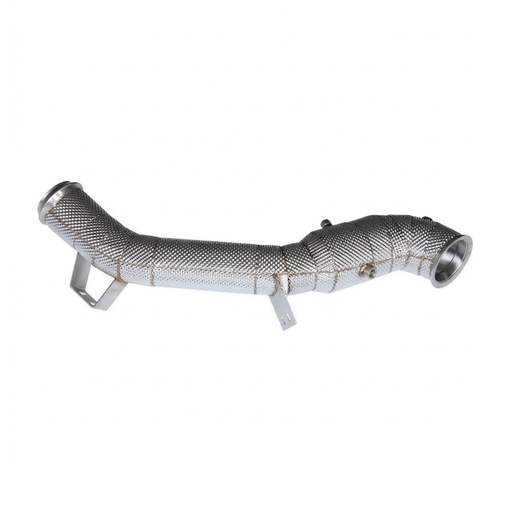 Mercedes C43 W206 200 cell catted downpipe with heat shield angle view