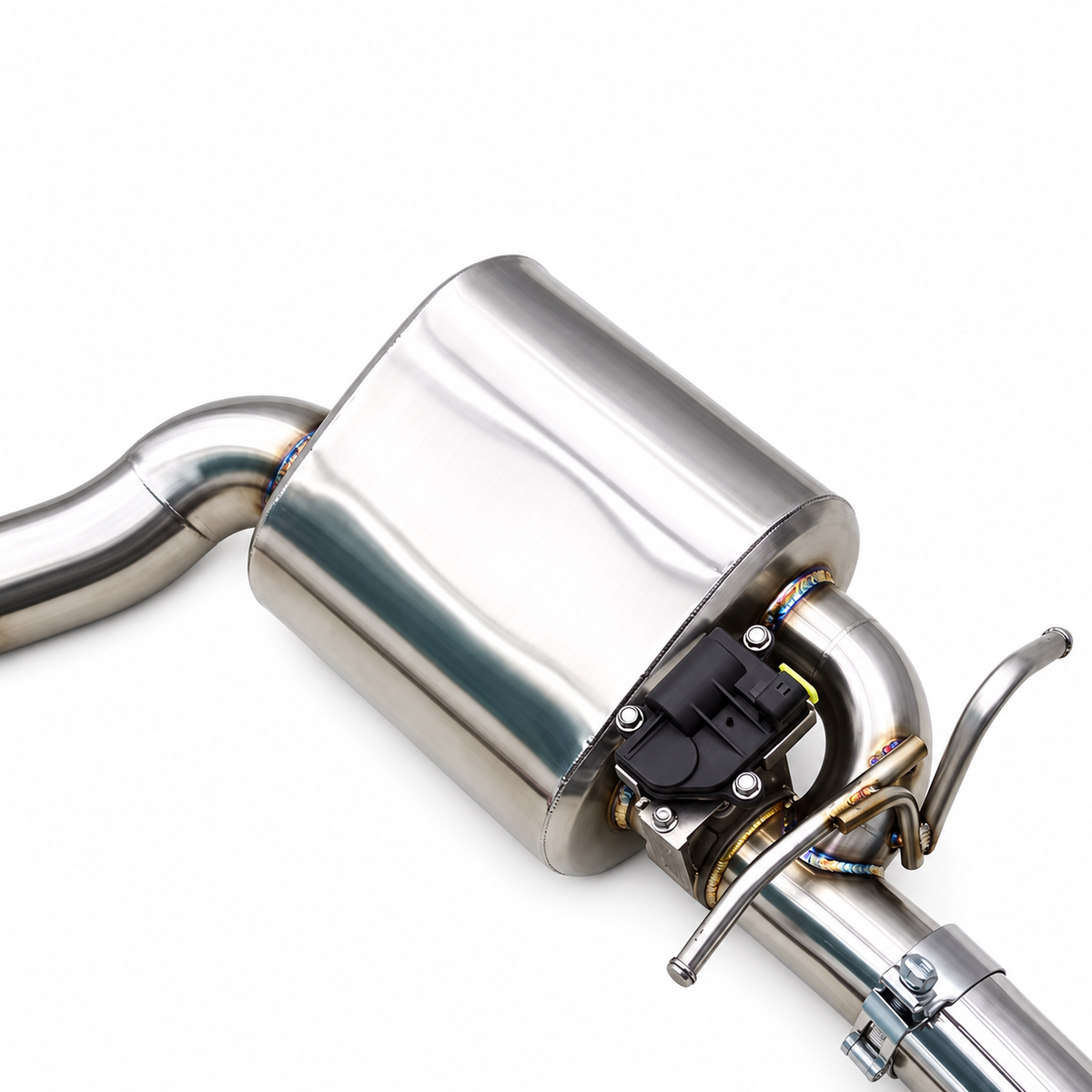 Mercedes-Benz C63 AMG W204 M156 valved rear muffler detail with electronic exhaust valve actuator