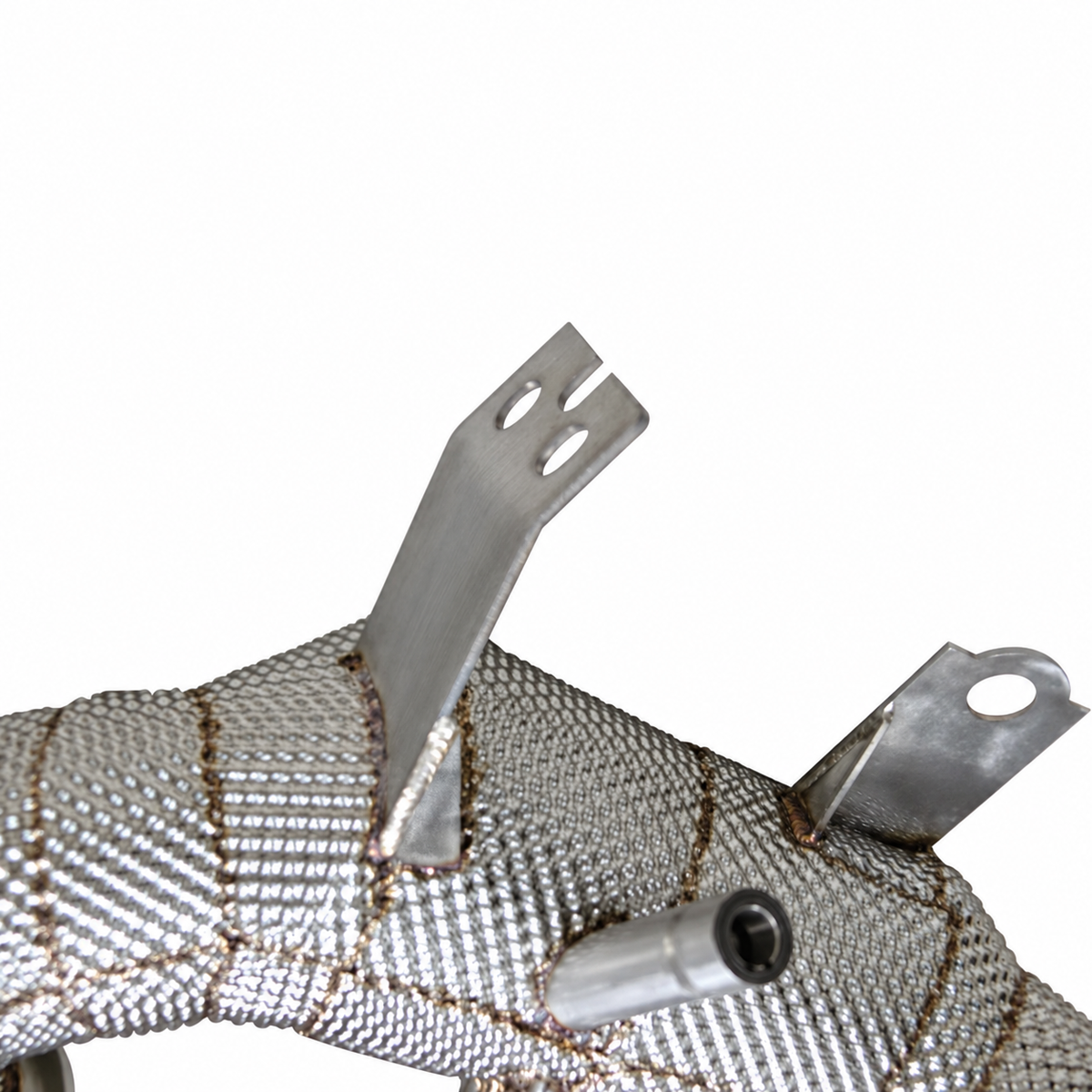 Mercedes-AMG CLA45 C118 M139 catted downpipe mounting brackets and sensor port detail