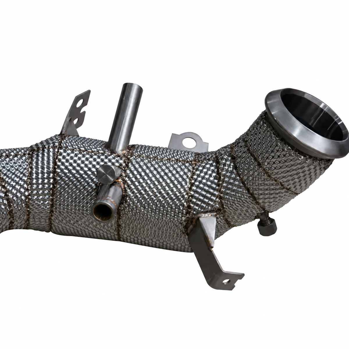 Mercedes M139 200 cell catted downpipe flange sensor ports and heat shield detail