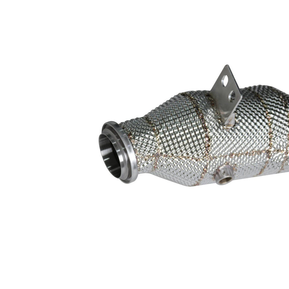Mercedes M276 RHD catted downpipe with heat shield flange close-up