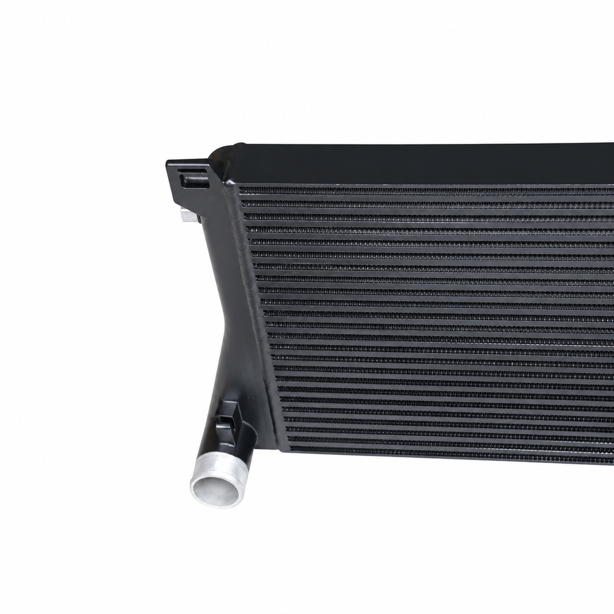 MQB performance intercooler inlet outlet and aluminum end tank detail
