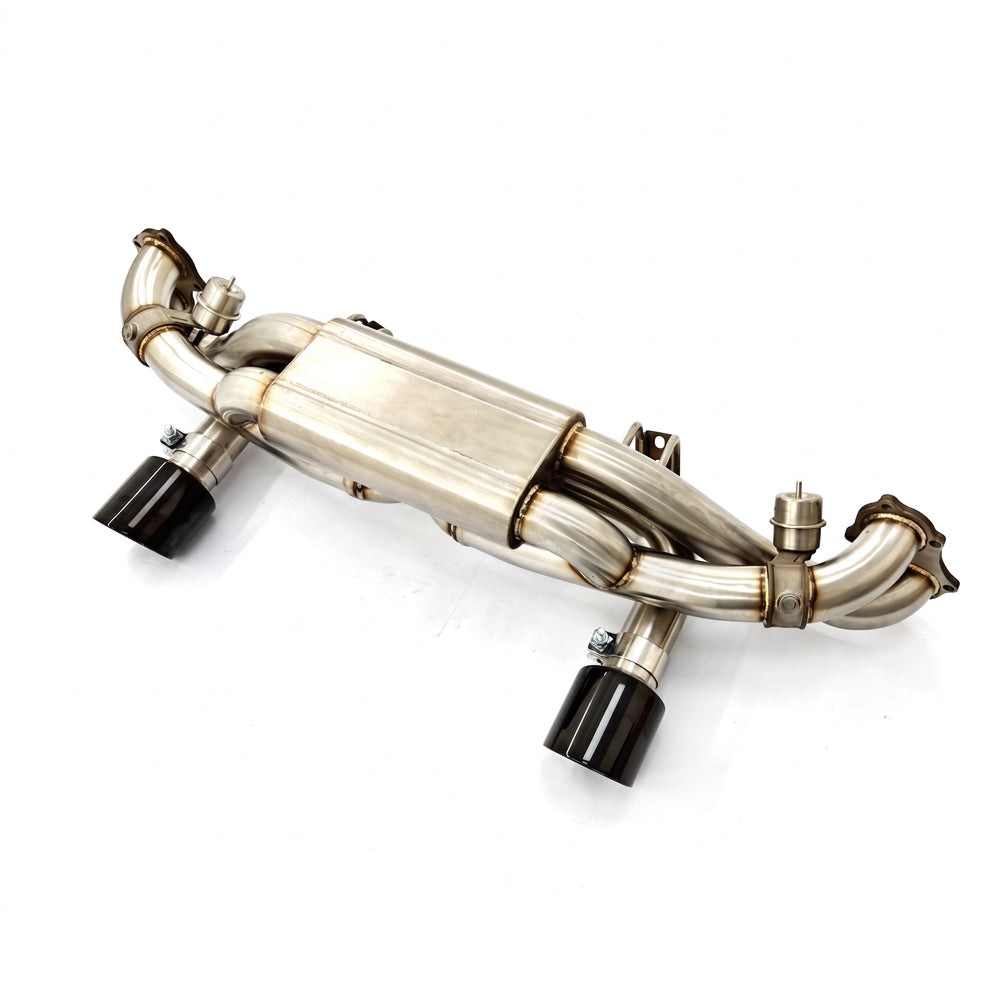 Porsche 718 Cayman GT4 4.0L performance valved axleback exhaust angled view