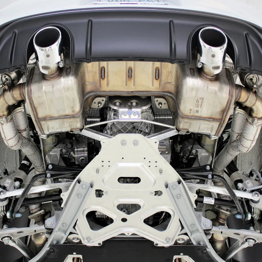 Porsche 718 Cayman GT4 GTS 4.0 exhaust headers installed underneath vehicle