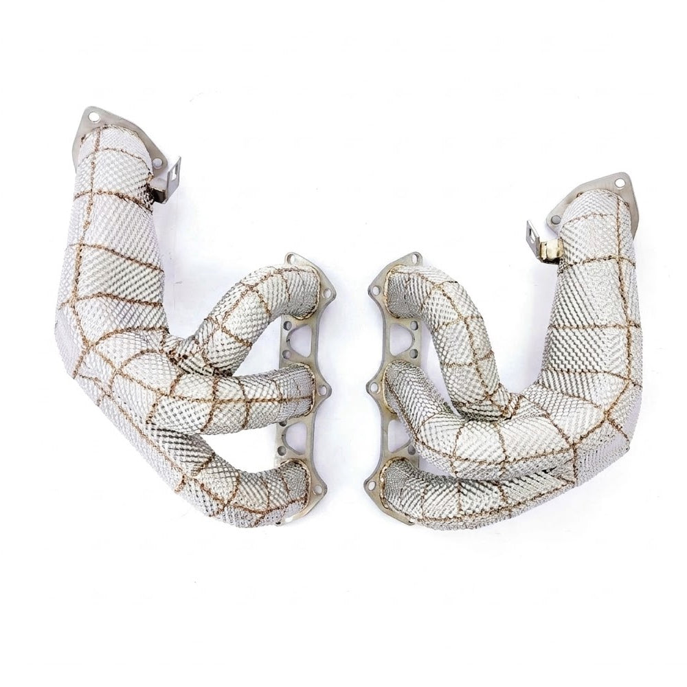 Porsche 718 Cayman GT4 RS 4.0L performance exhaust headers with heat shields rear view