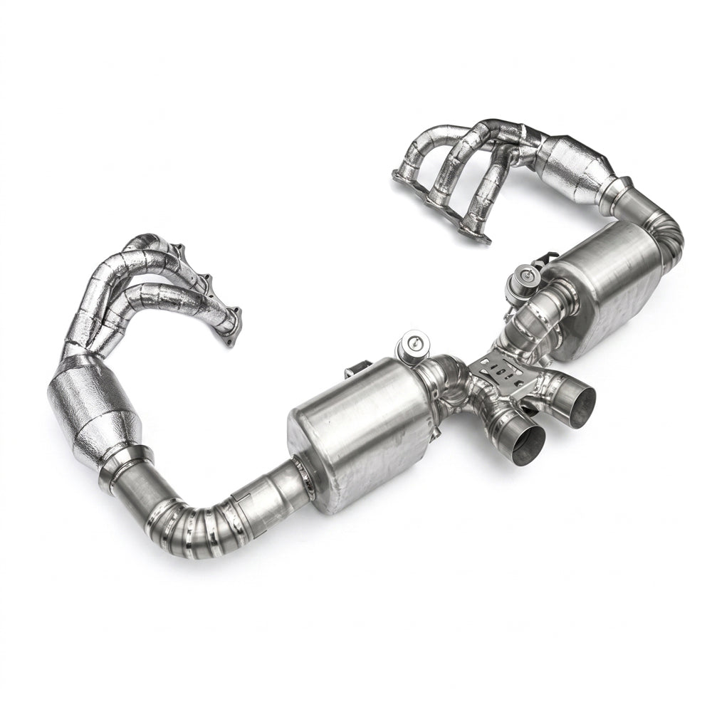Porsche 911 991.1 GT3 and GT3 RS full valved exhaust with 200-cell catted headers angled view