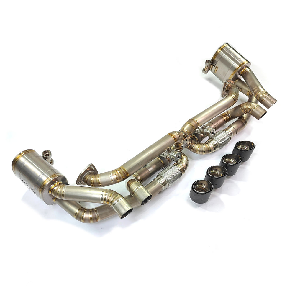 Porsche 911 991.1 Carrera and Targa titanium valved exhaust system angled view