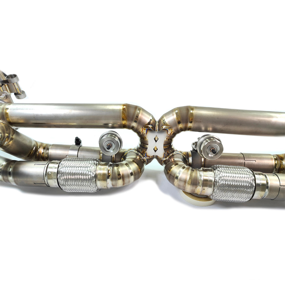 Porsche 911 991.1 titanium valved catback exhaust with pneumatic valve section close-up