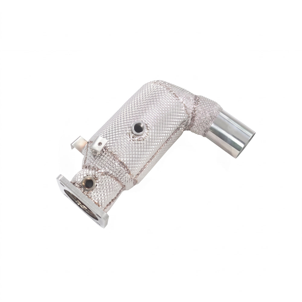 Porsche 911 991.2 Carrera and Targa 3.0T 200-cell catted downpipe with heat shield close-up