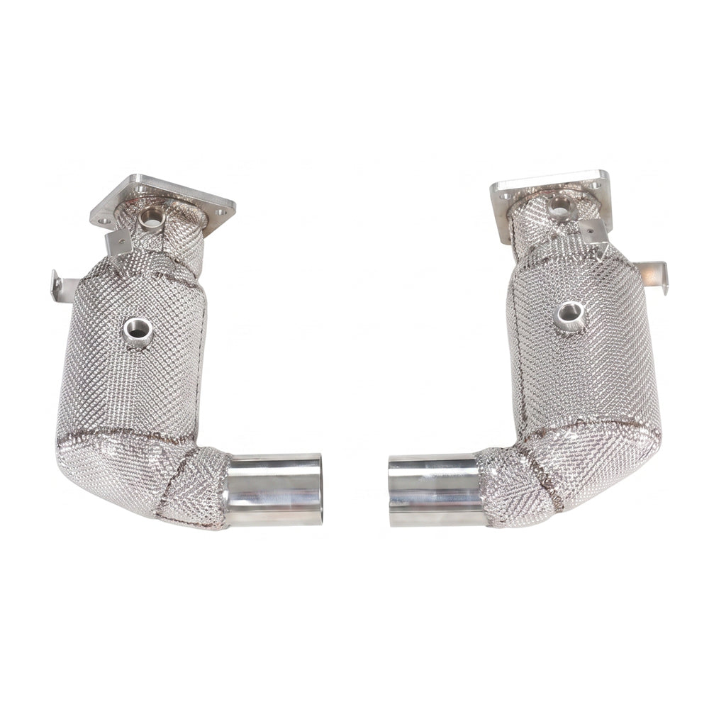 Porsche 911 991.2 Carrera and Targa 3.0T high-flow 200-cell catted downpipes front view