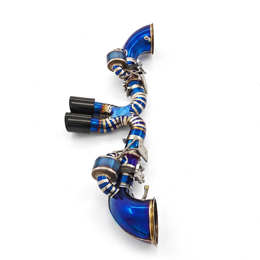 Porsche 911 992 GT3 and GT3 RS blue titanium valved exhaust system side view