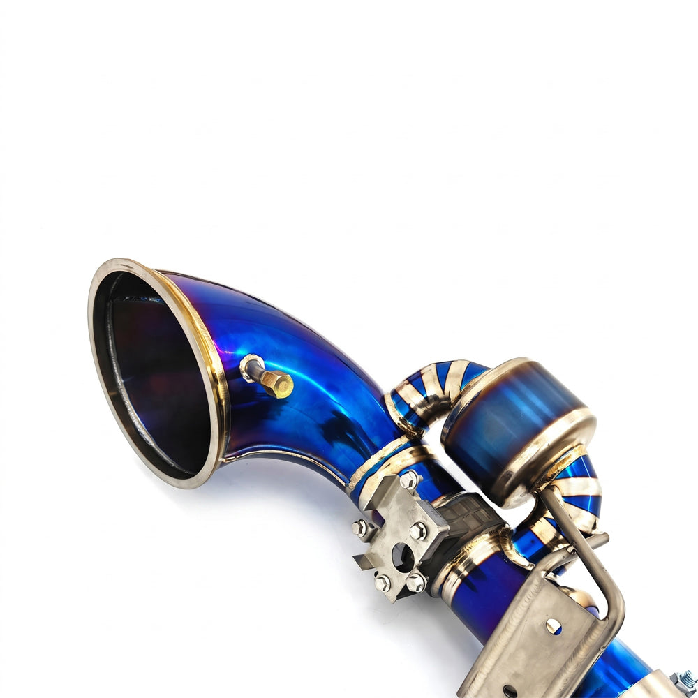 Porsche 911 992 GT3 and GT3 RS titanium OEM-valved axleback exhaust tip close-up