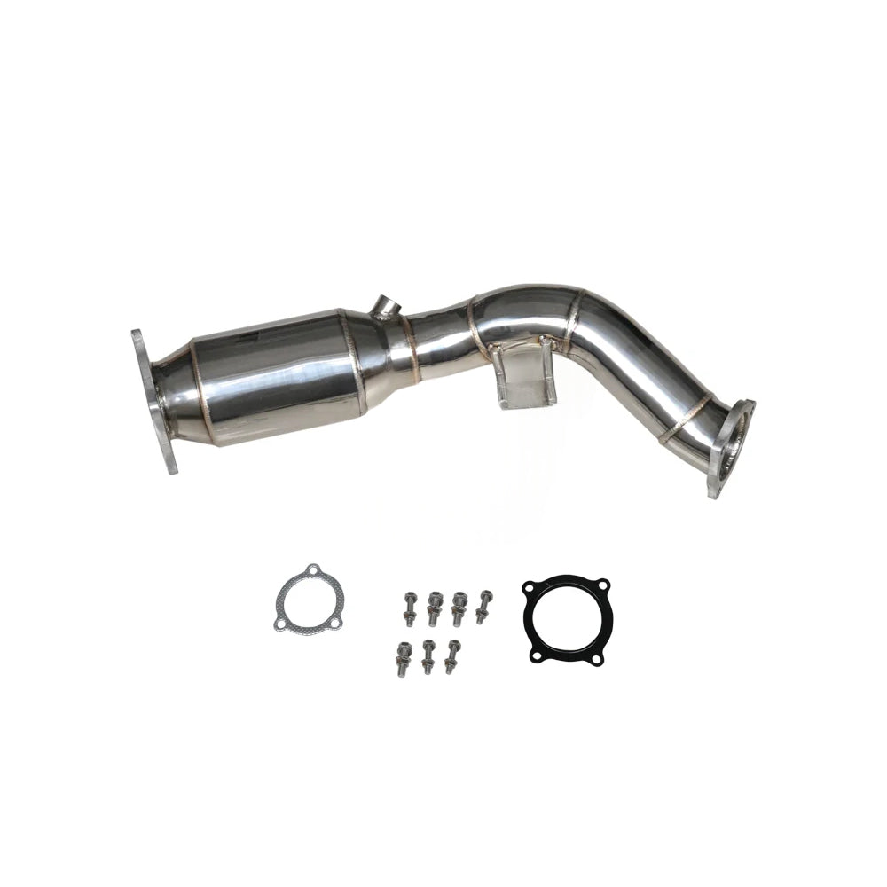 Porsche Macan 2.0T catless downpipe full length view with installation hardware