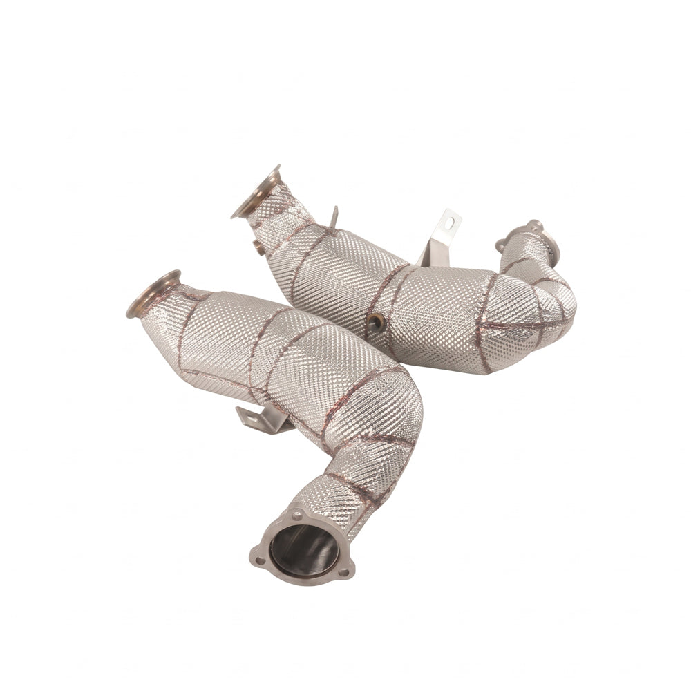 Porsche Macan 95B.1 stainless steel catless downpipes with heat wrap side view