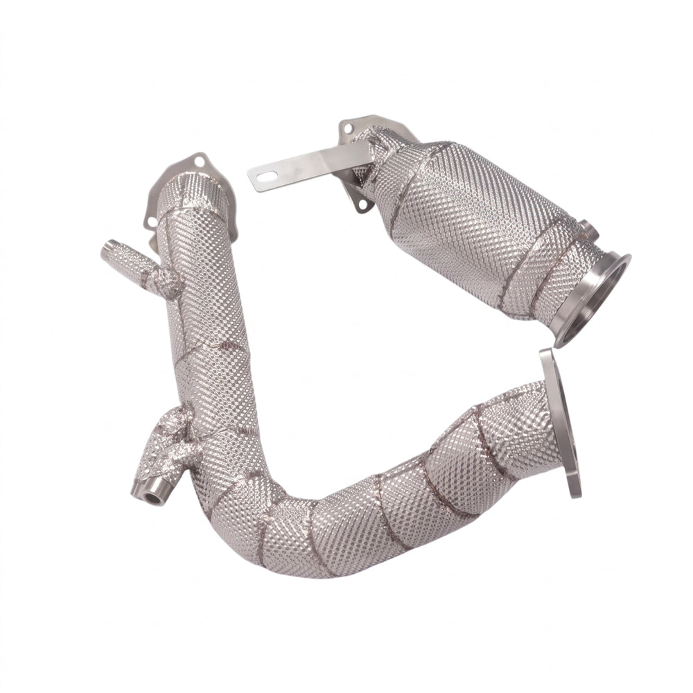 Porsche Macan 95B 2.0T catted downpipe with heat shields angled view
