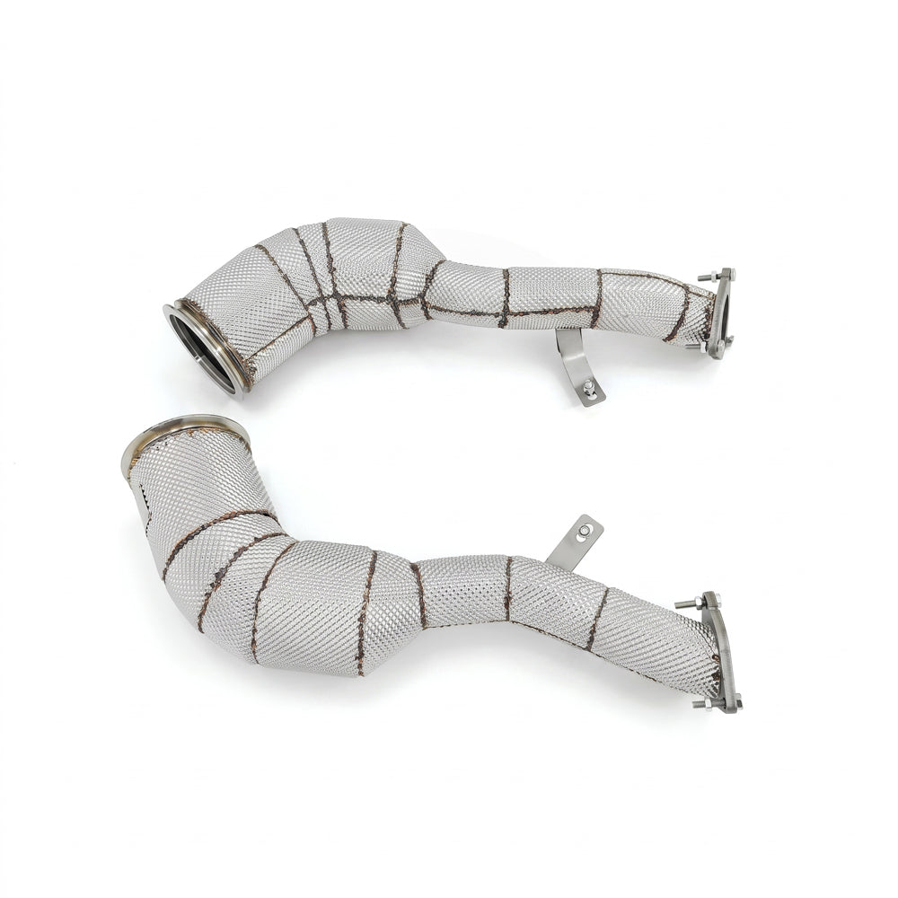 Porsche Macan GTS 2.9T 304 stainless steel catless downpipes with heat wrap side view
