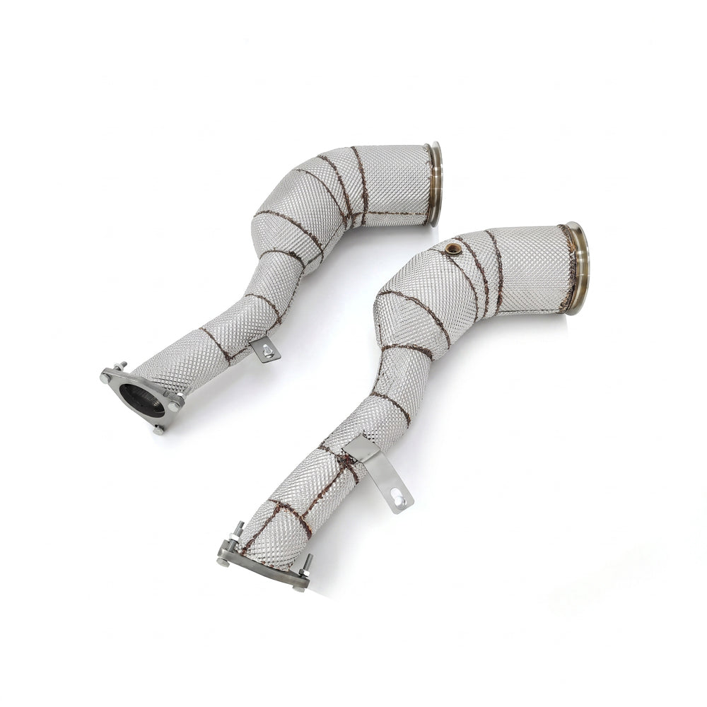 Porsche Macan GTS 2.9T high-flow catless downpipes with thermal heat shielding angled view