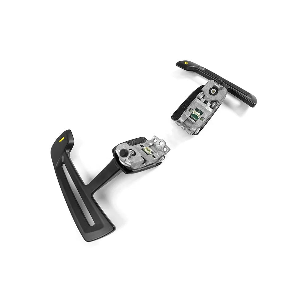 Porsche magnetic paddle shifter replacement assemblies with aluminium mechanisms angled view