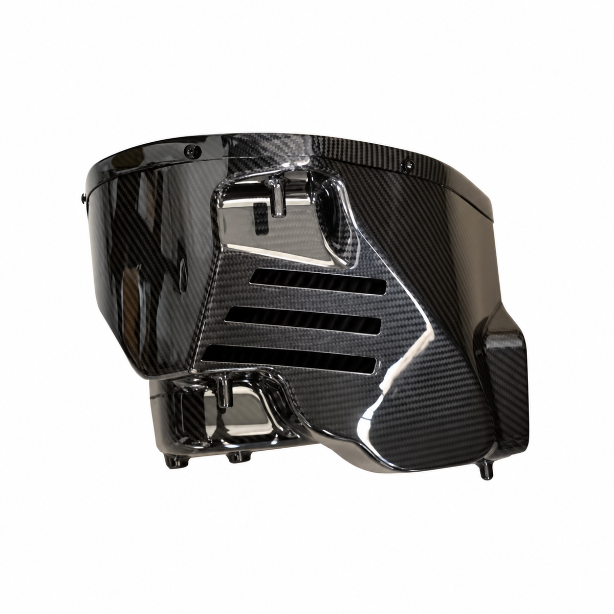 Toyota Supra A90 B58 carbon fiber intake airbox front view with vented housing and gloss carbon weave