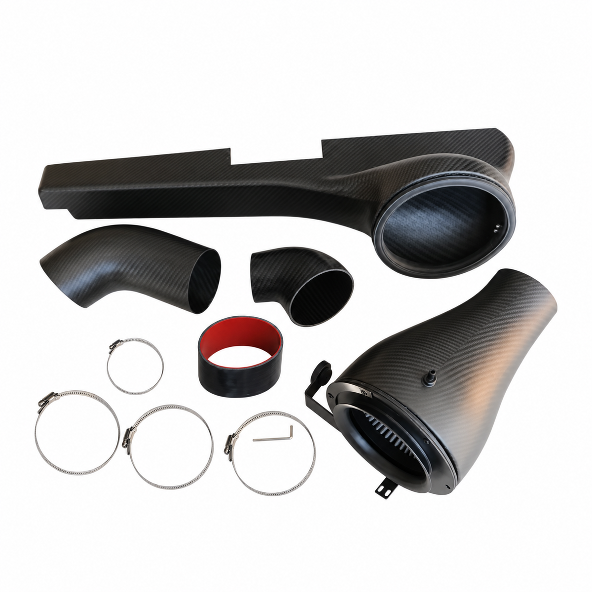 VW Golf GTI MK8 matte carbon fiber intake complete kit with airbox duct filter hoses clamps and connection hardware
