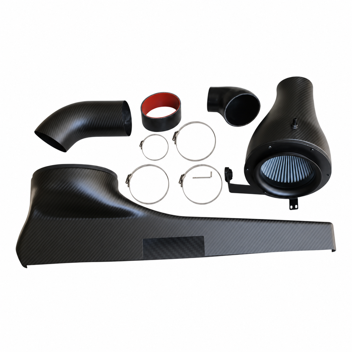 VW Golf GTI MK8 matte carbon fiber intake components with airbox duct filter couplers clamps and installation hardware