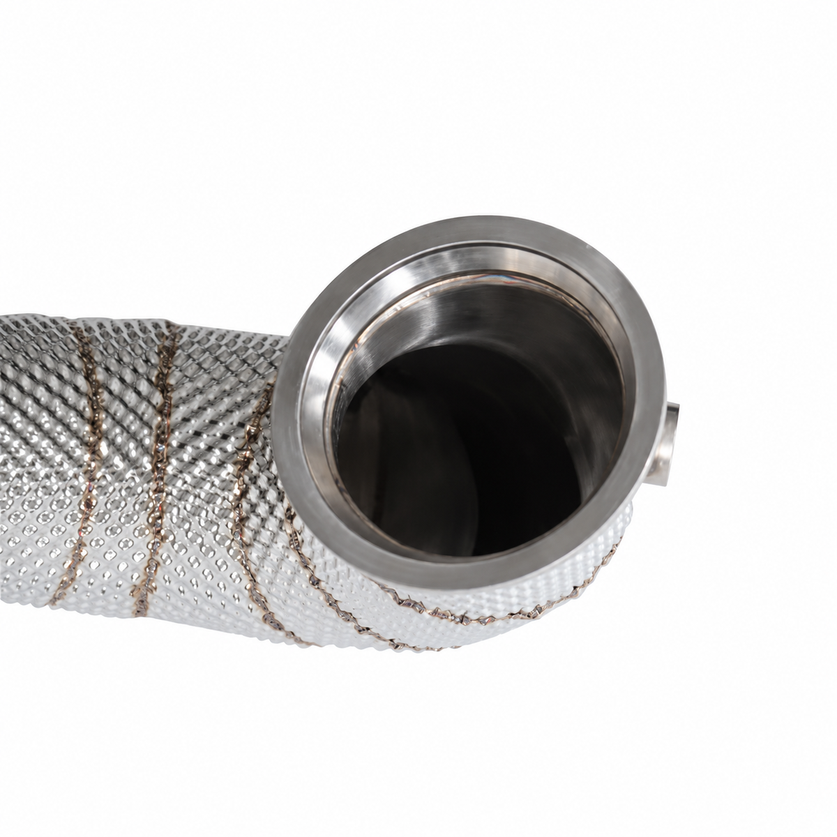 VW Golf R MK8 catless downpipe turbo flange and heat shield detail