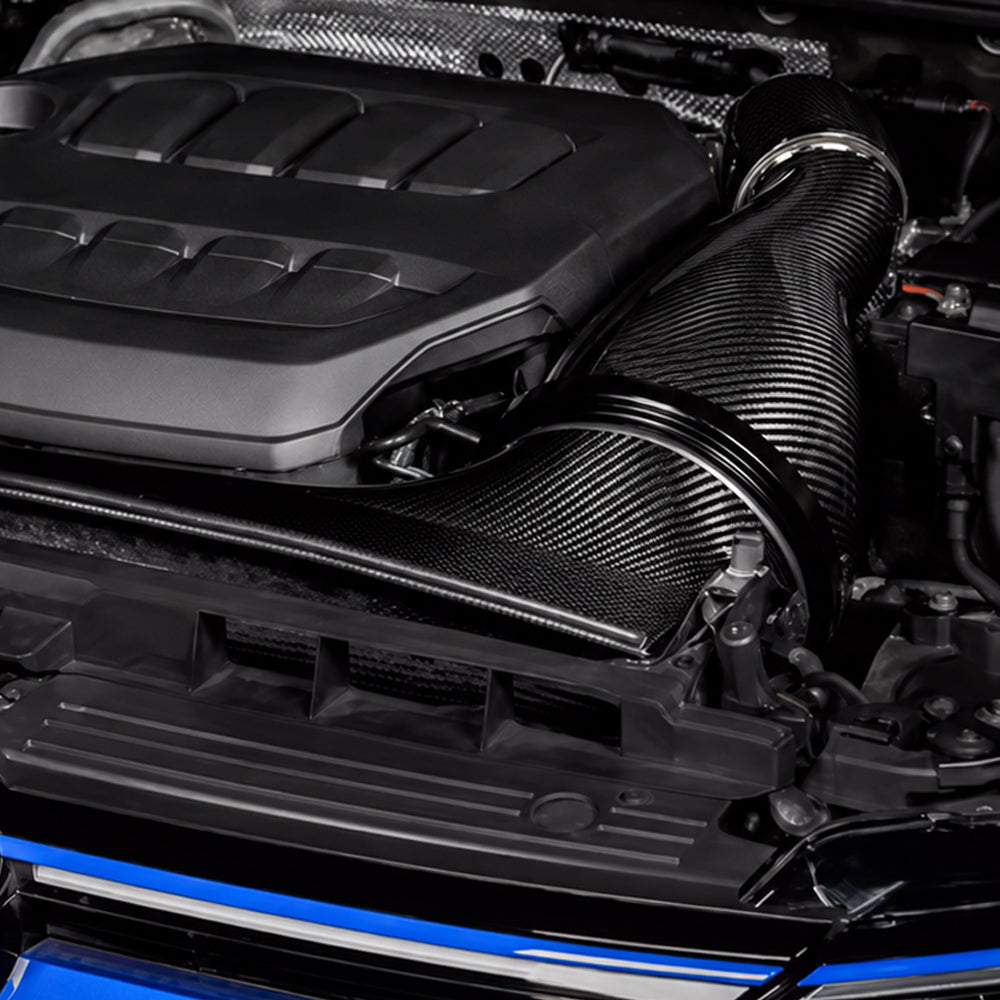 VW Golf R MK8 matte carbon fiber intake system installed in the engine bay